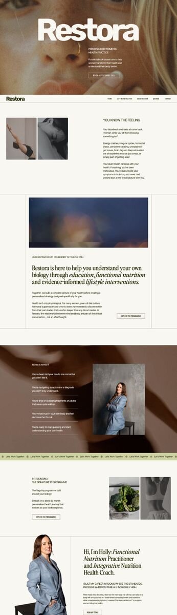 Bold, modern website design by Rove for Restora, a personalised women's health and functional nutrition practice