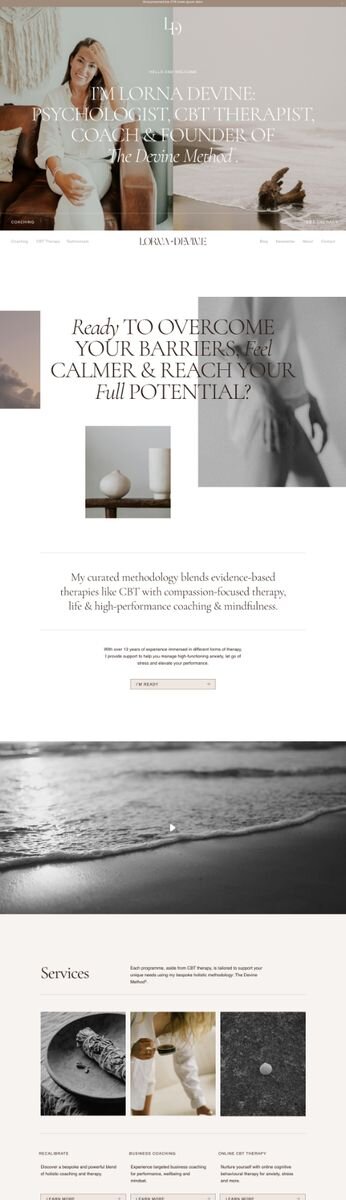 Soft, serene website design by Rove for psychologist and CBT therapist Lorna Devine, with calming coastal imagery and elegant serif typography