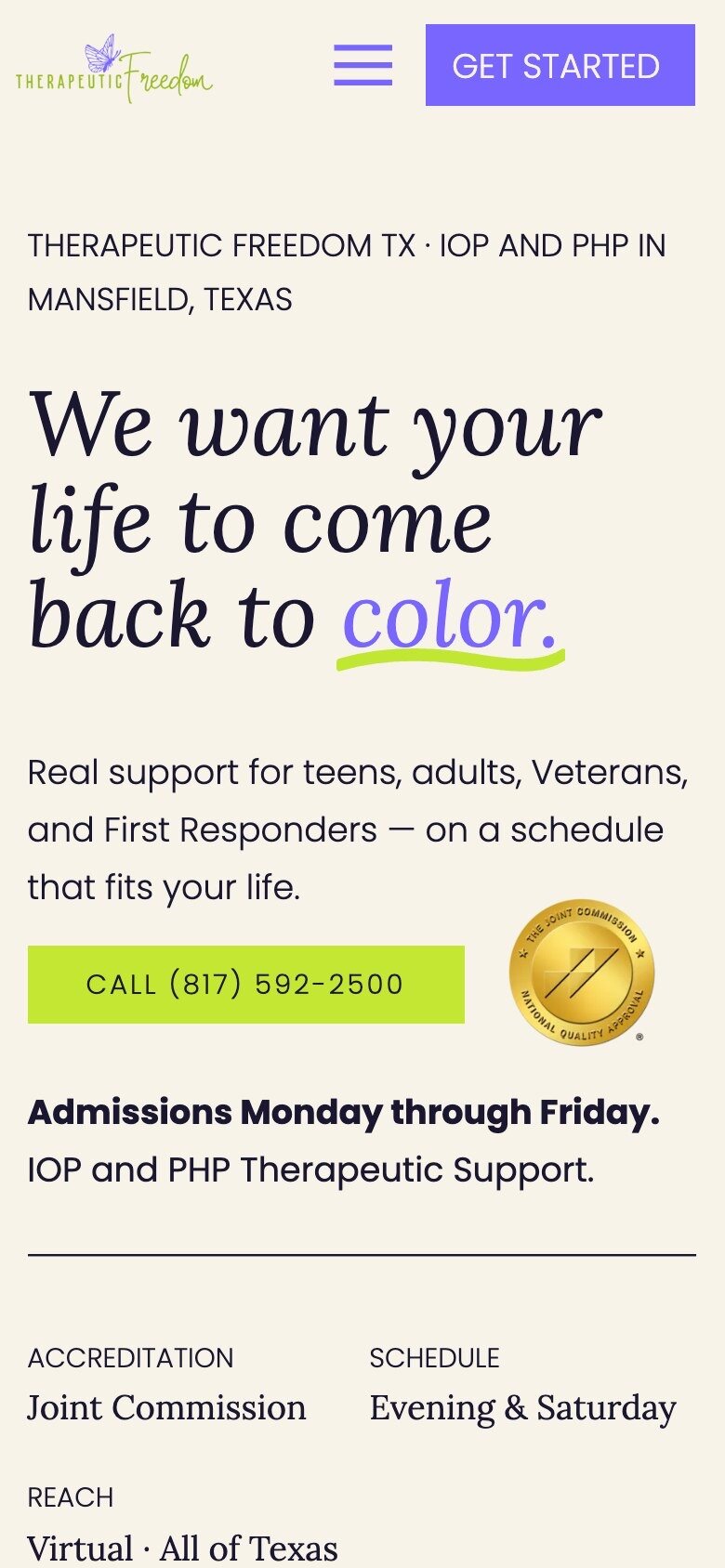 Therapeutic Freedom TX homepage on a phone screen