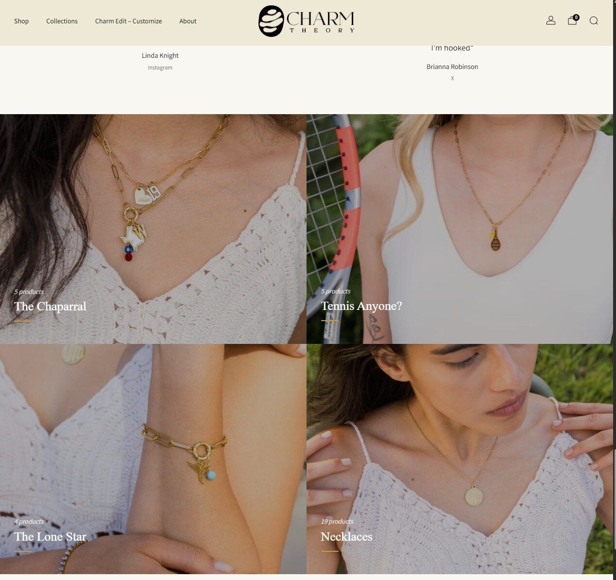 Charm Theory homepage featuring the lifestyle photography