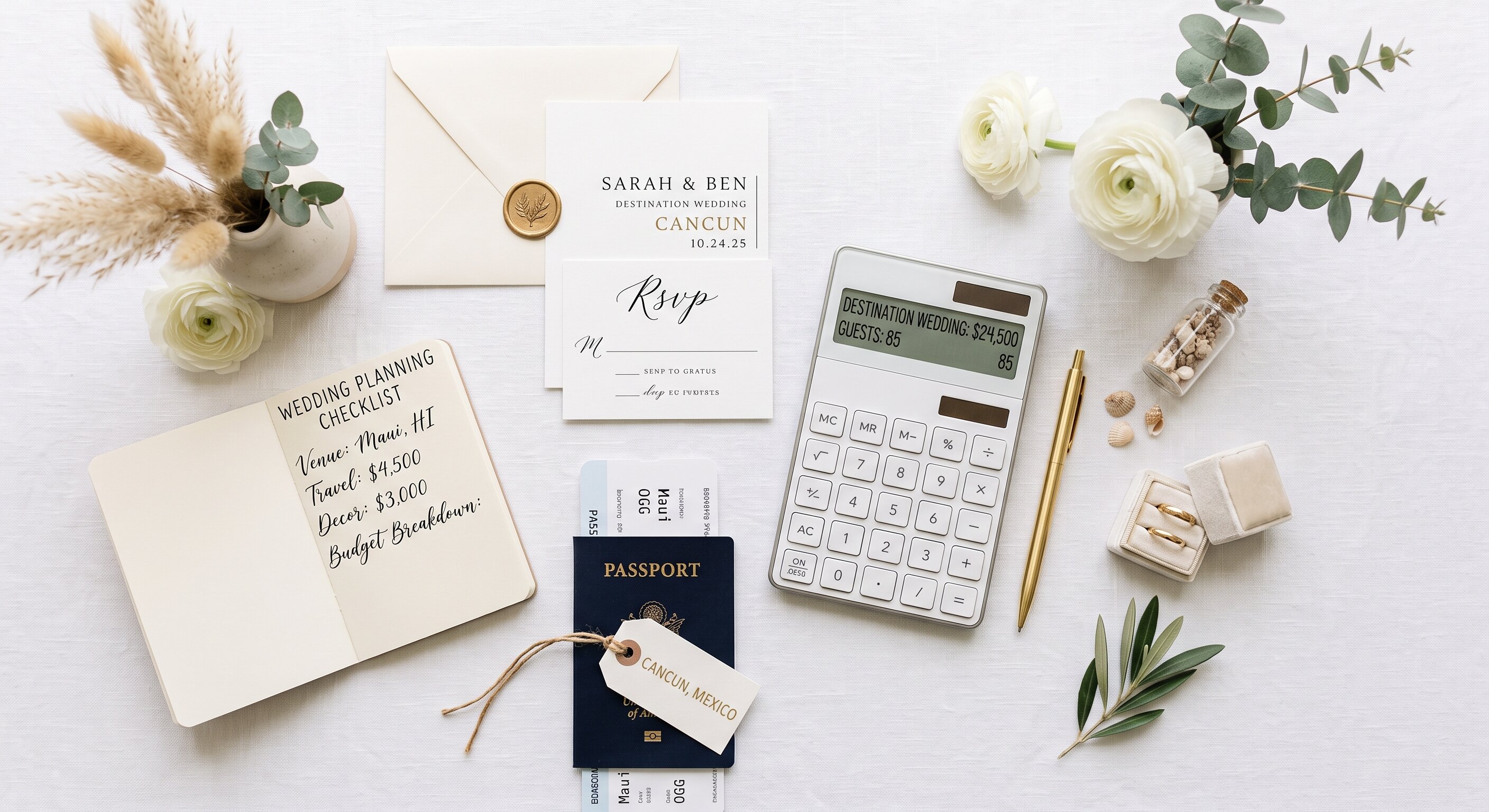 Flat lay of a Cancun destination wedding invitation suite, planning checklist, passport, and calculator displaying a $24,500 estimate for 85 guests