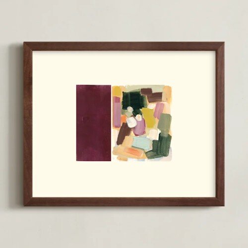 Vintage Tulips 1: a plum color block beside loose painted strokes, matted in a walnut frame