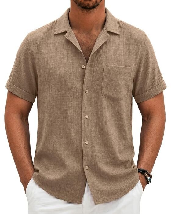 Brown Linen Camp-Collar Shirt — Dads fall family photo outfit idea