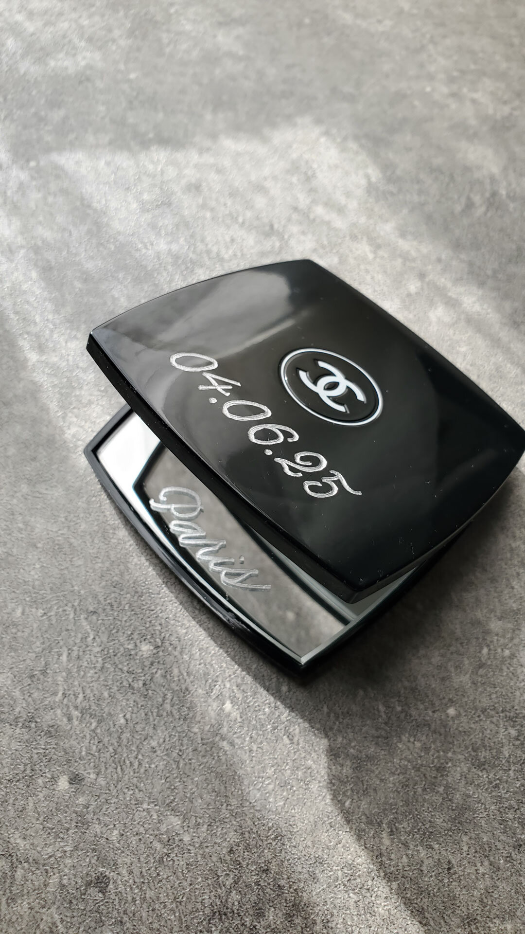 Chanel mirror compact bridal gift engraving