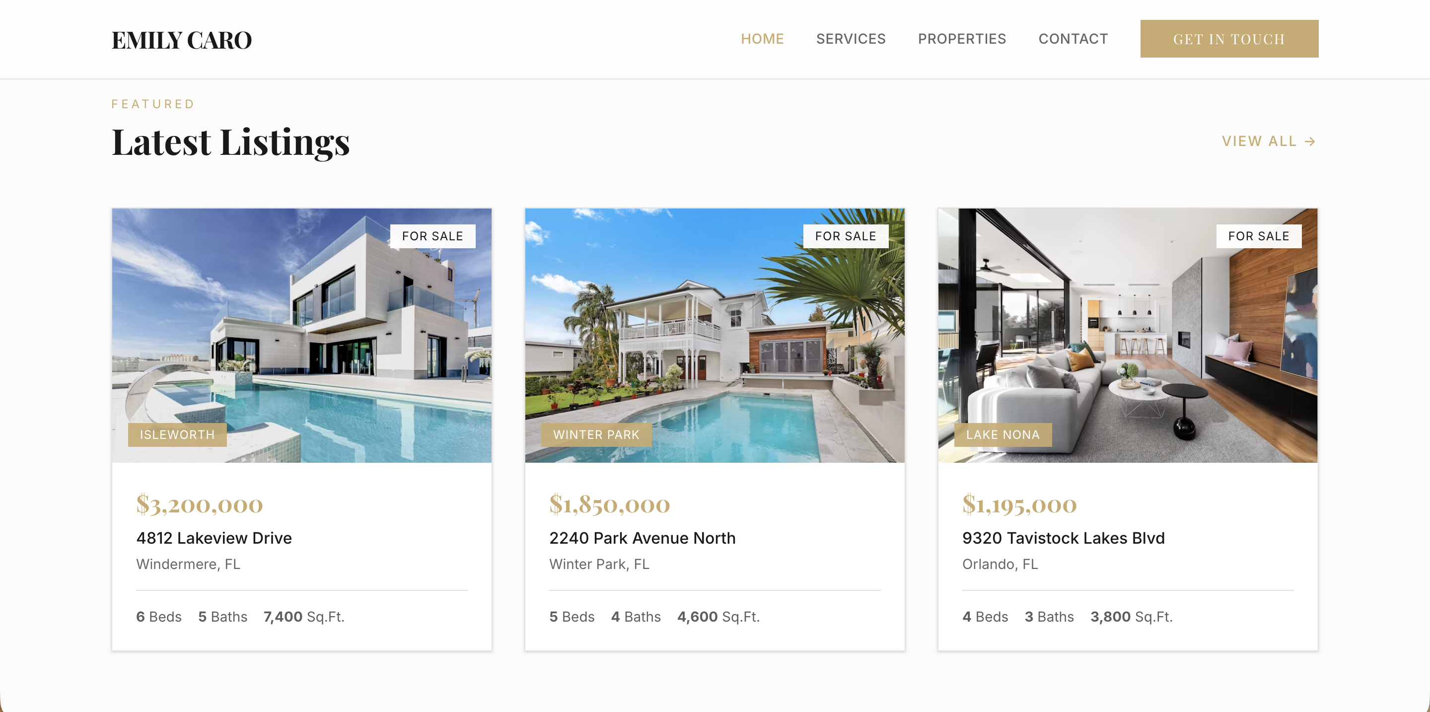 Emily Caro listings and neighbourhood sections