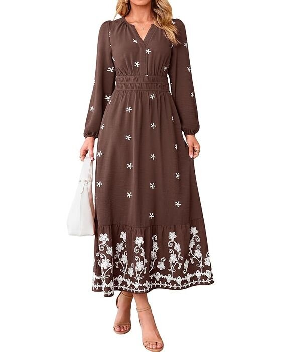 Brown Floral-Border Tiered Maxi — Moms fall family photo outfit idea