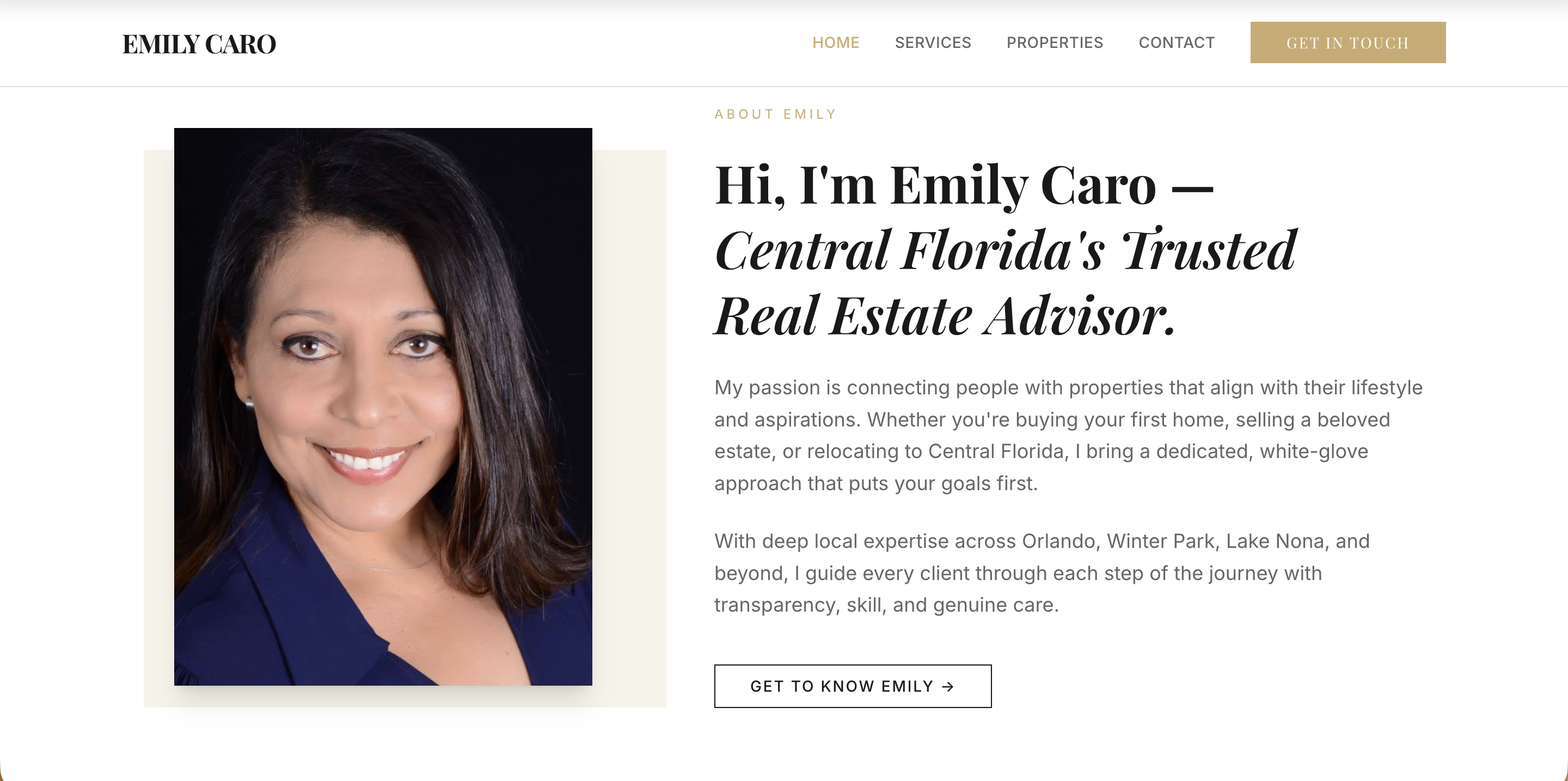 Emily Caro hero and stats section