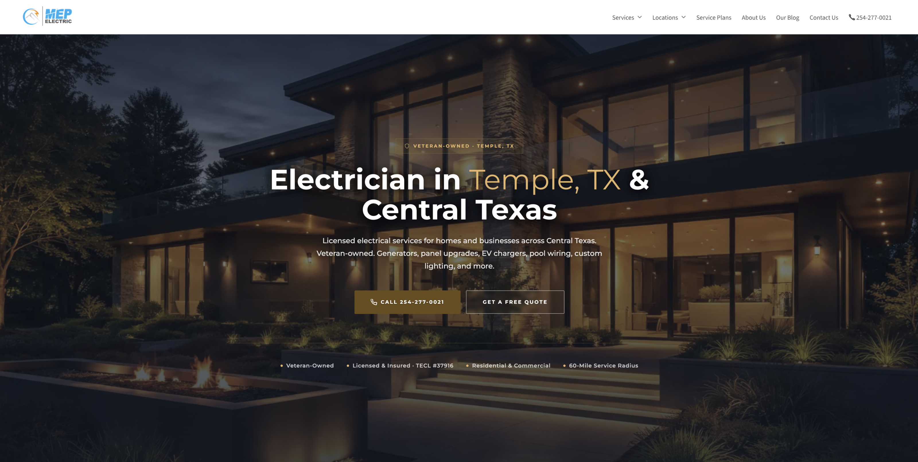 MEP Electric homepage, an electrical contractor website in Temple, TX built by Belman & Co.
