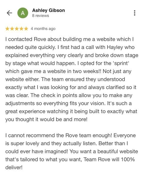 Five-star Google review from Ashley Gibson: she chose the Made by Rove Website Sprint and got a beautiful website tailored to her vision in two weeks