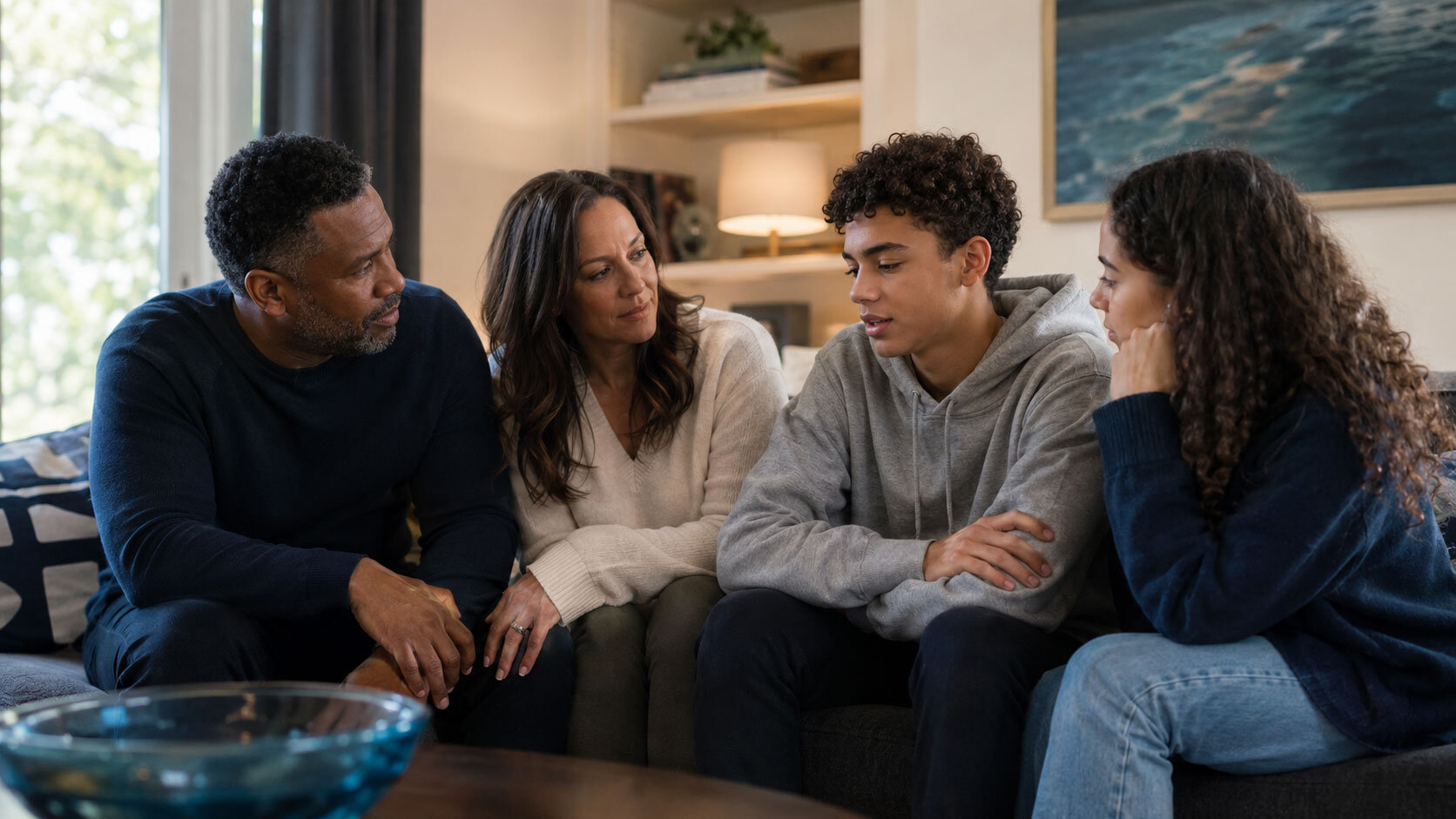 Family with two teenagers having a calm conversation at home.