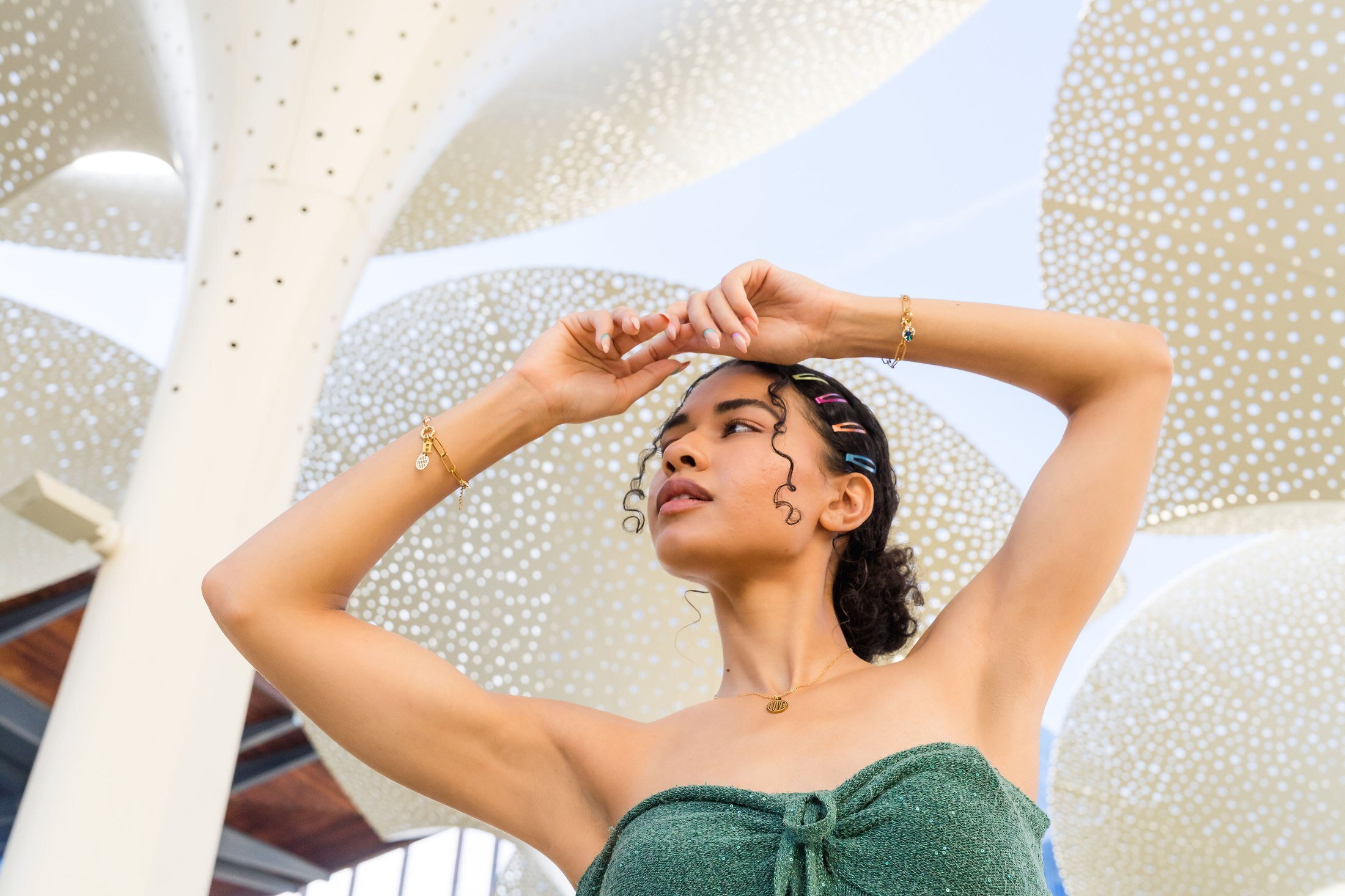 Close portrait of a Charm Theory model in downtown Austin