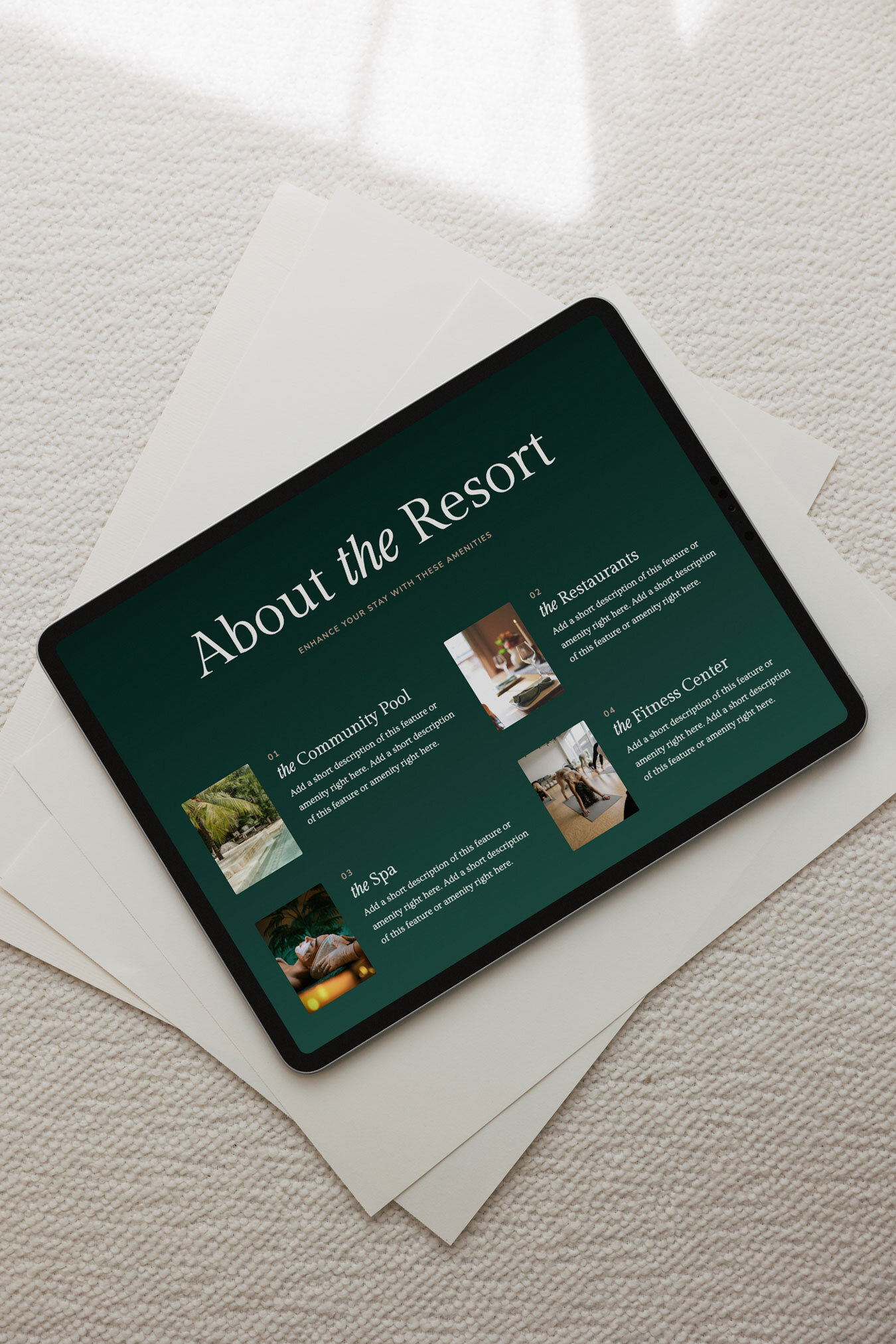respire website template on ipad showing retreat page