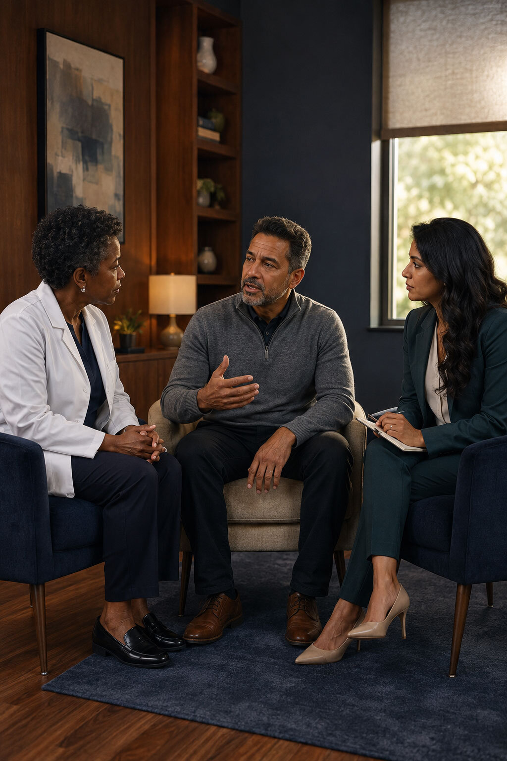 Male patient speaking with a Black woman urology physician and a South Asian woman behavioral health clinician in a coordinated consultation