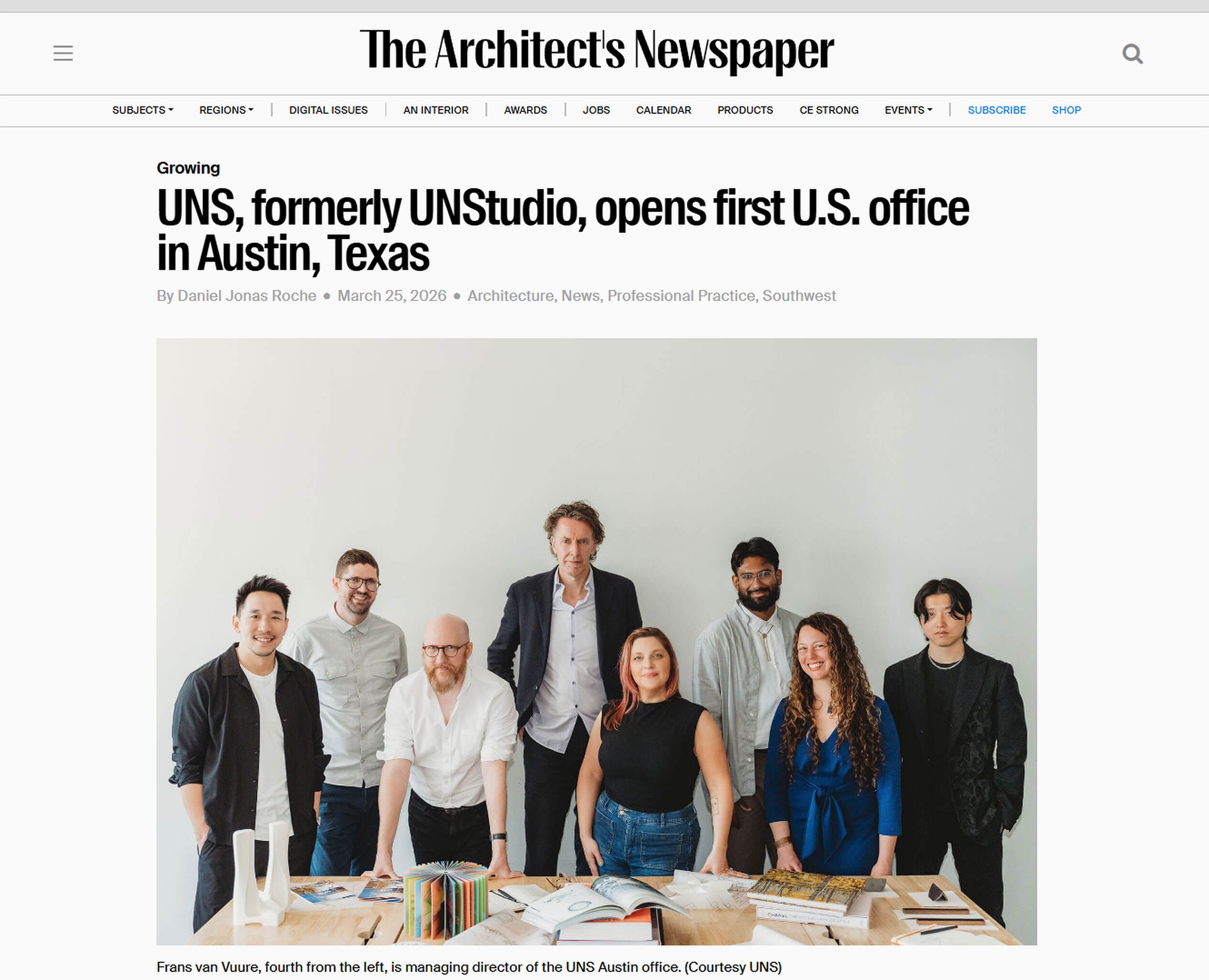 Screenshot of The Architect's Newspaper coverage featuring UNS's Austin office photography