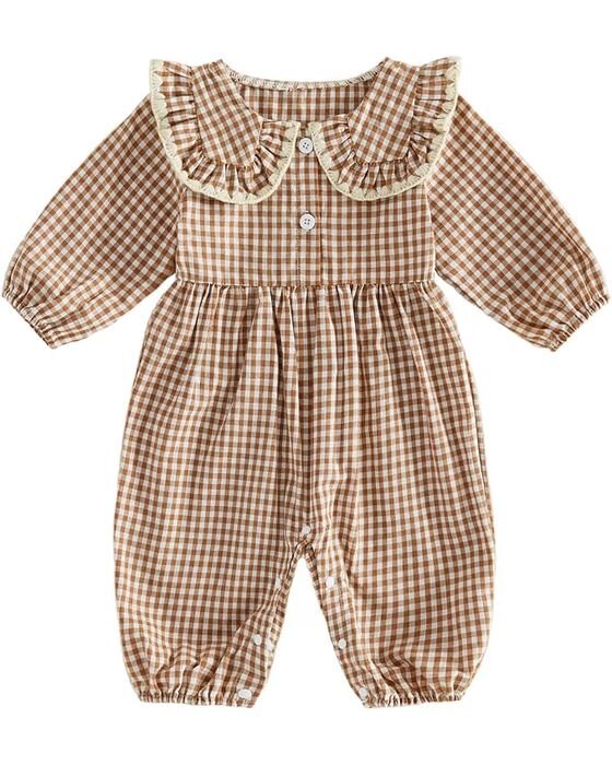 Tan Gingham Collared Romper — Baby Girls fall family photo outfit idea