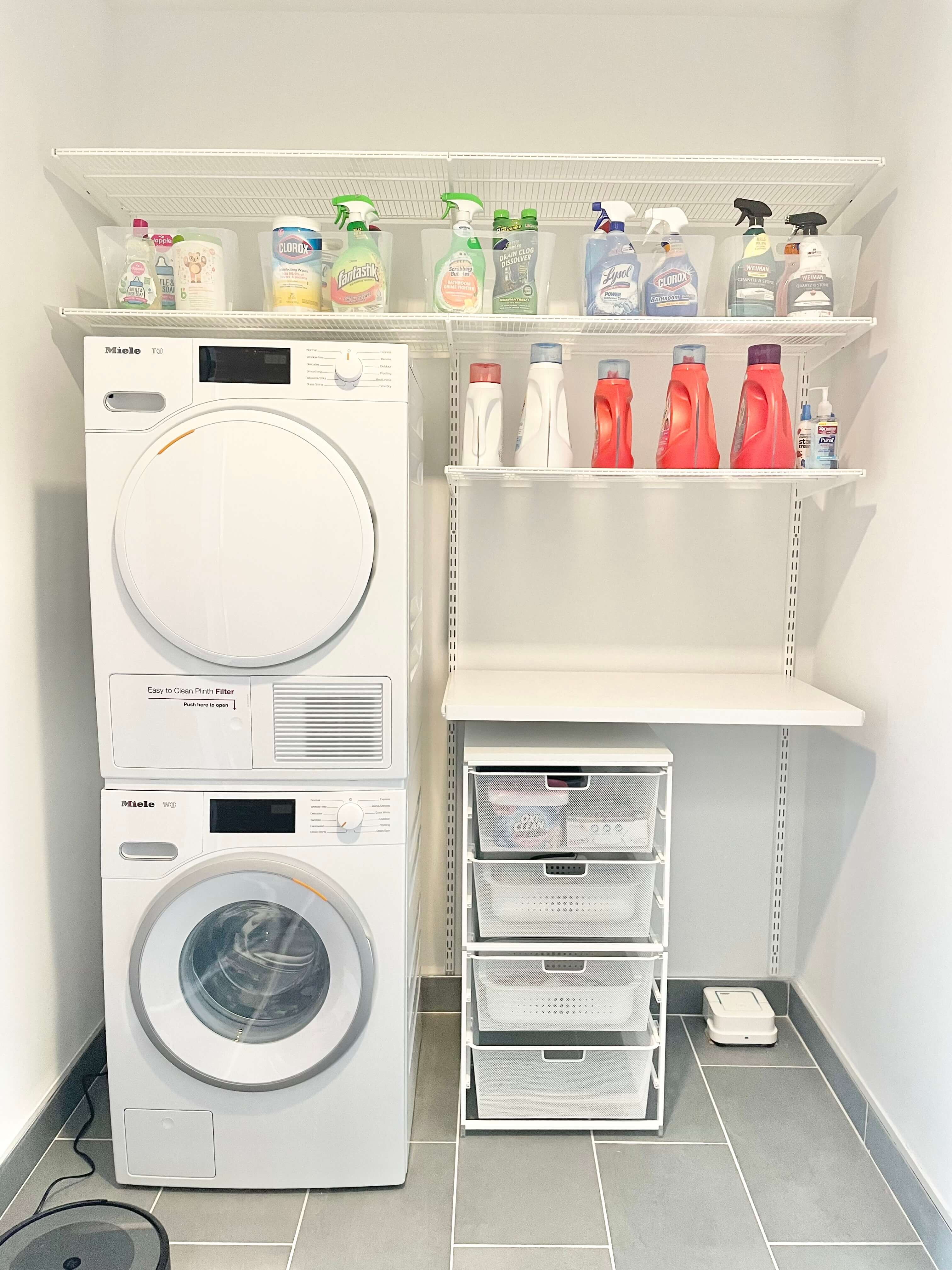Organized laundry room with neatly arranged storage shelves and household essentials.