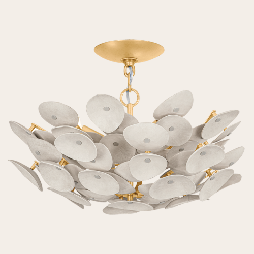 Aimi semi-flush light with pale disc petals on a gold frame