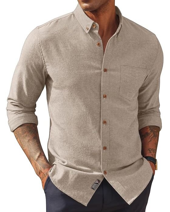 Oatmeal Linen Band-Collar Shirt — Dads fall family photo outfit idea