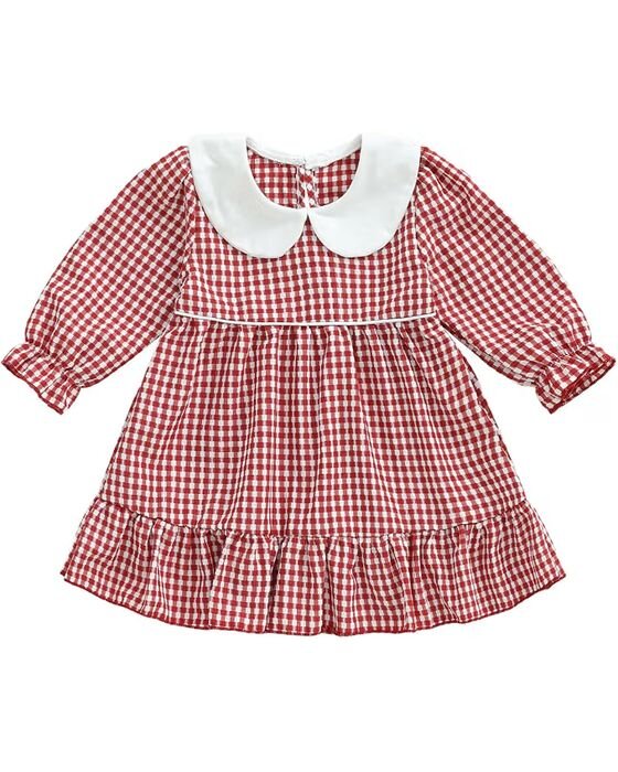 Red Gingham Peter Pan Dress — Baby Girls fall family photo outfit idea