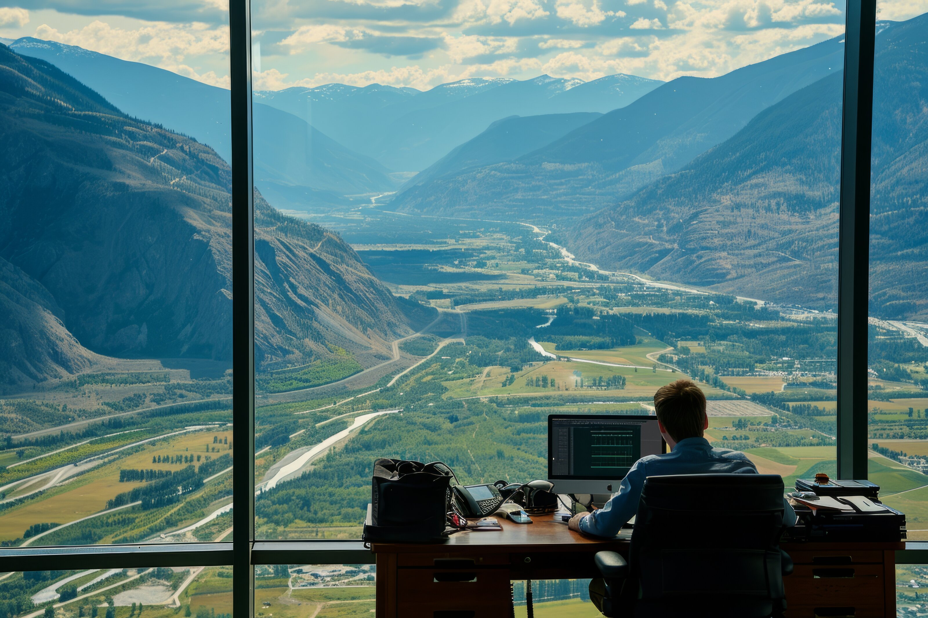 Business owner working at a desk overlooking a mountain valley