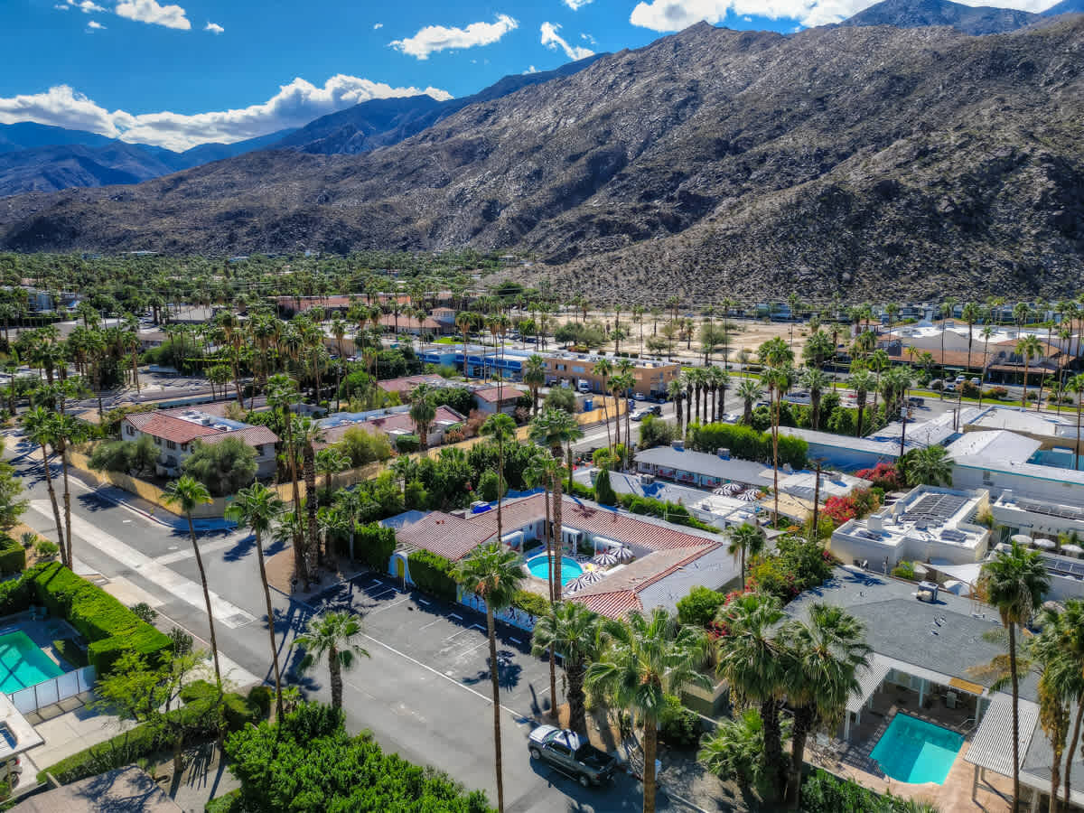 Aerial view of the estate against the San Jacinto mountains