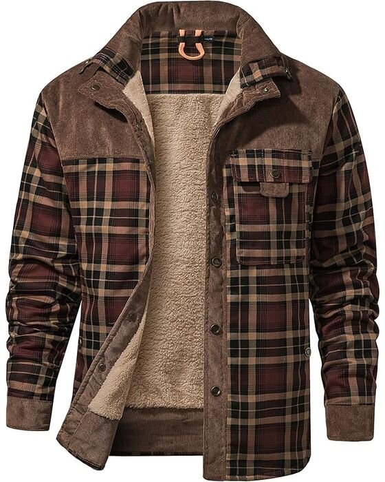 Brown Plaid Sherpa-Lined Shacket — Dads fall family photo outfit idea