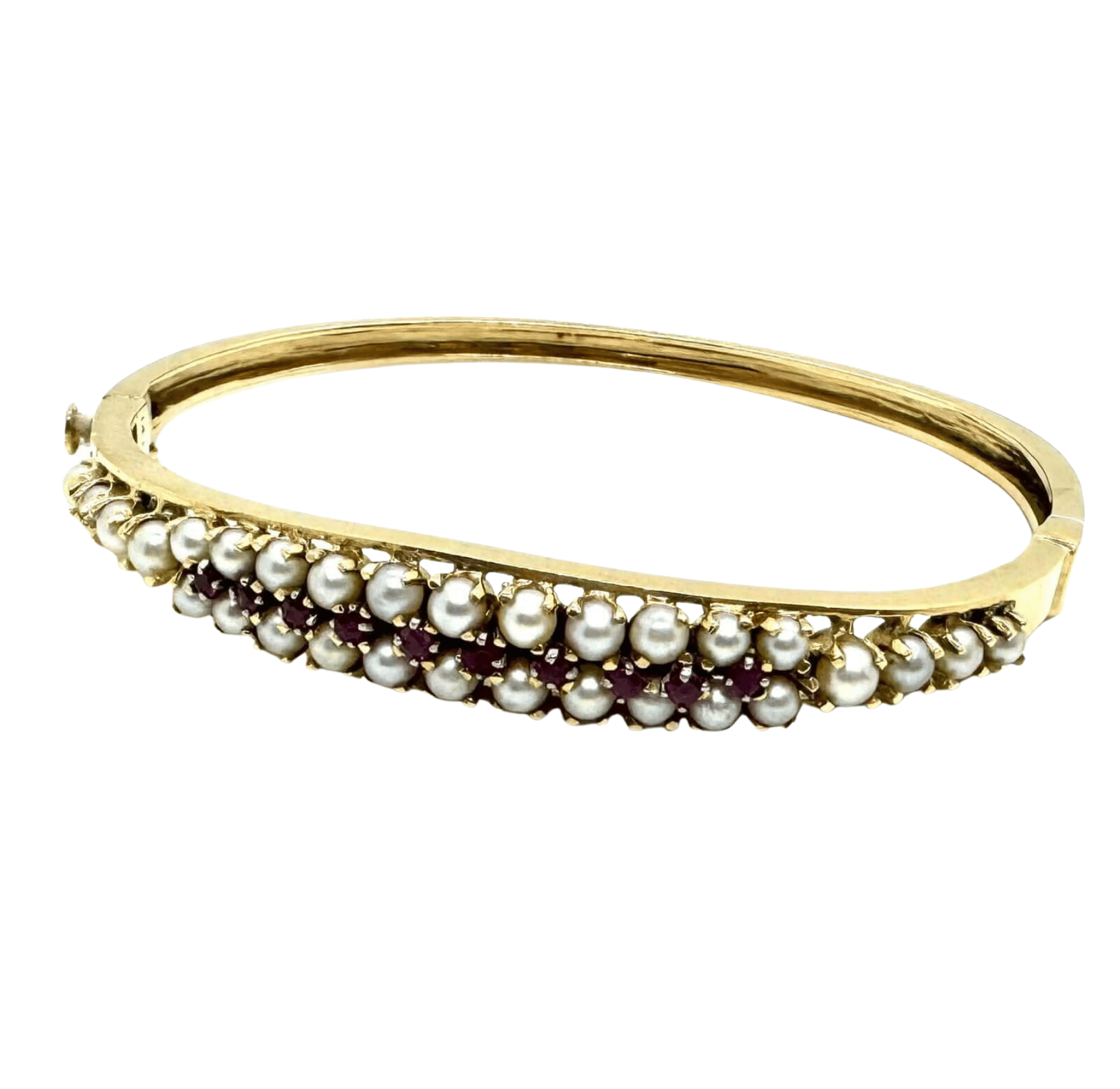 14k Yellow Gold Seed Pearl and Ruby Bangle