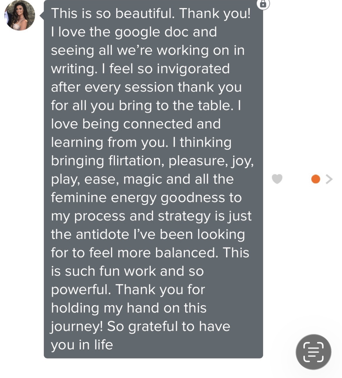Client voice message about feeling more feminine and playful while dating