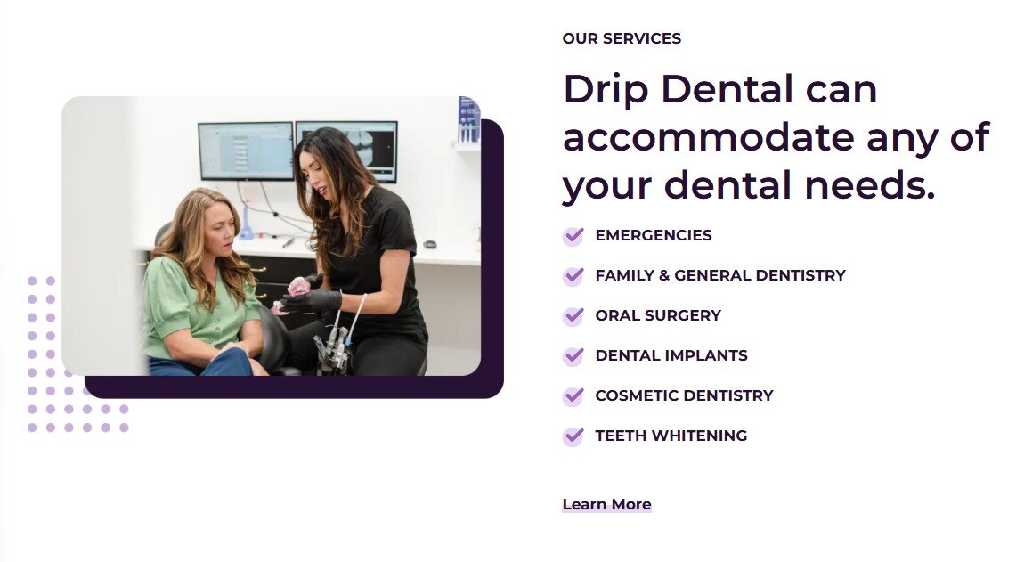 Drip Dental services page featuring the brand photography