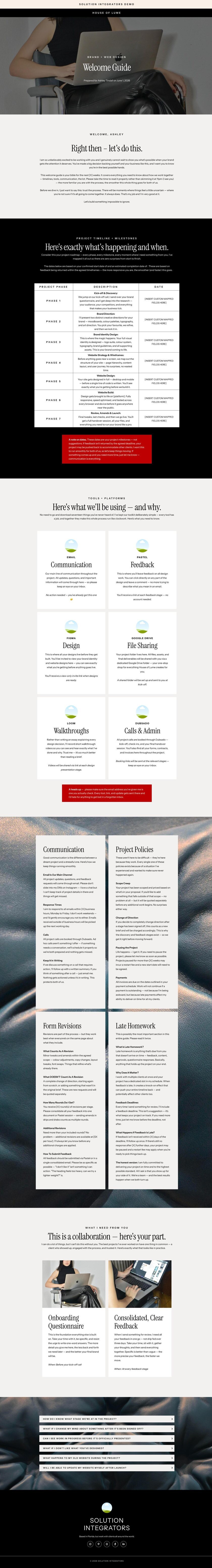 House of Lume Welcome Guide Dubsado template, full page