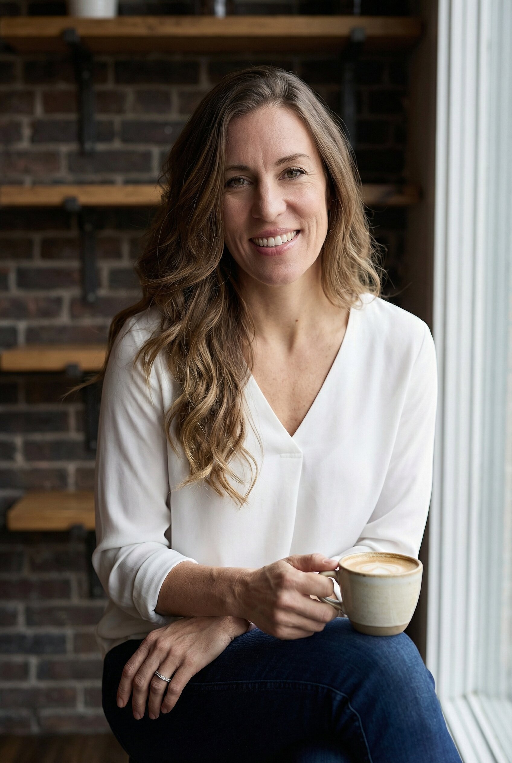 Ange at a coffee shop by a window