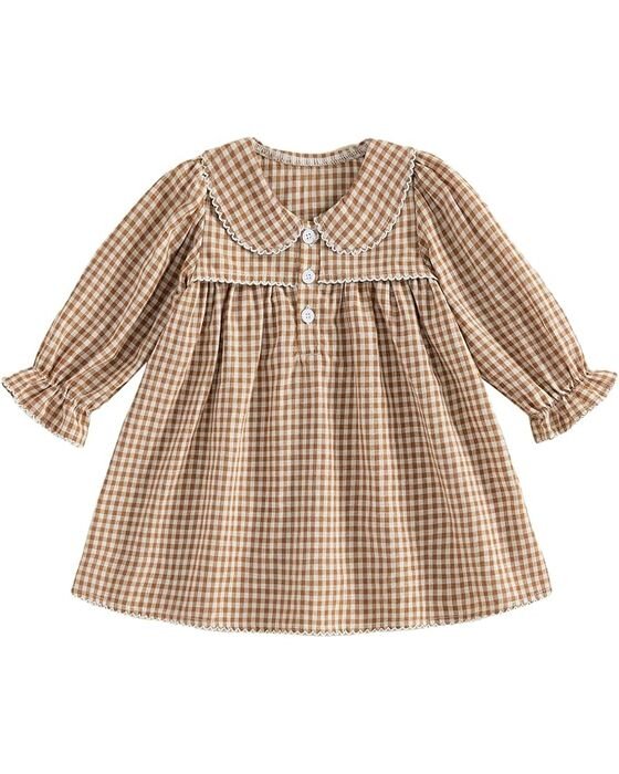Tan Gingham Long-Sleeve Dress — Young Girls fall family photo outfit idea