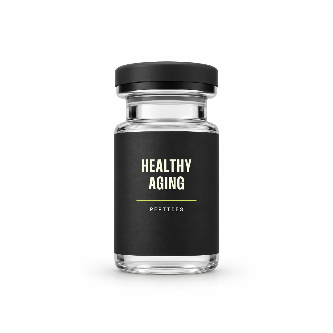 Illustration of a vial labeled healthy aging