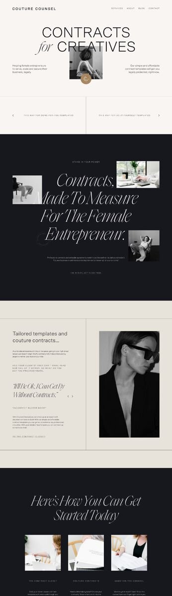 High-fashion editorial website design by Rove for Couture Counsel, legal contract templates for female entrepreneurs and creatives