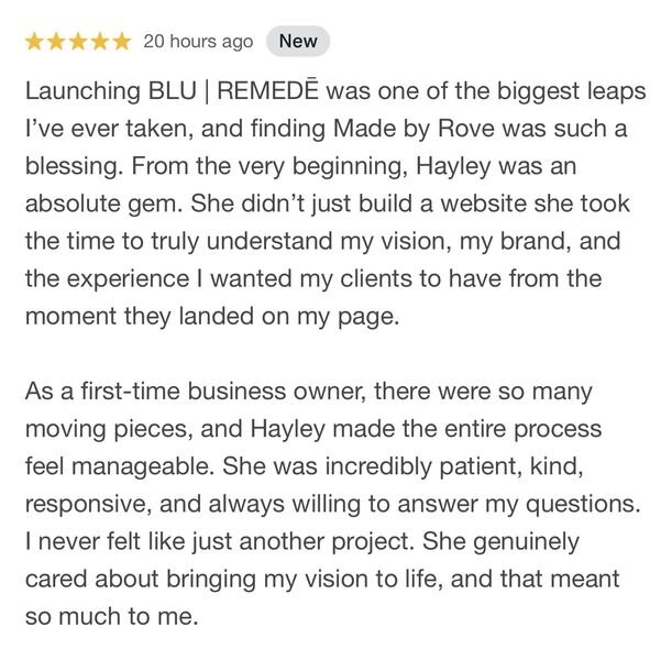 Five-star Google review from the founder of Blu Remede: Hayley took time to understand her vision and brand and made launching feel manageable