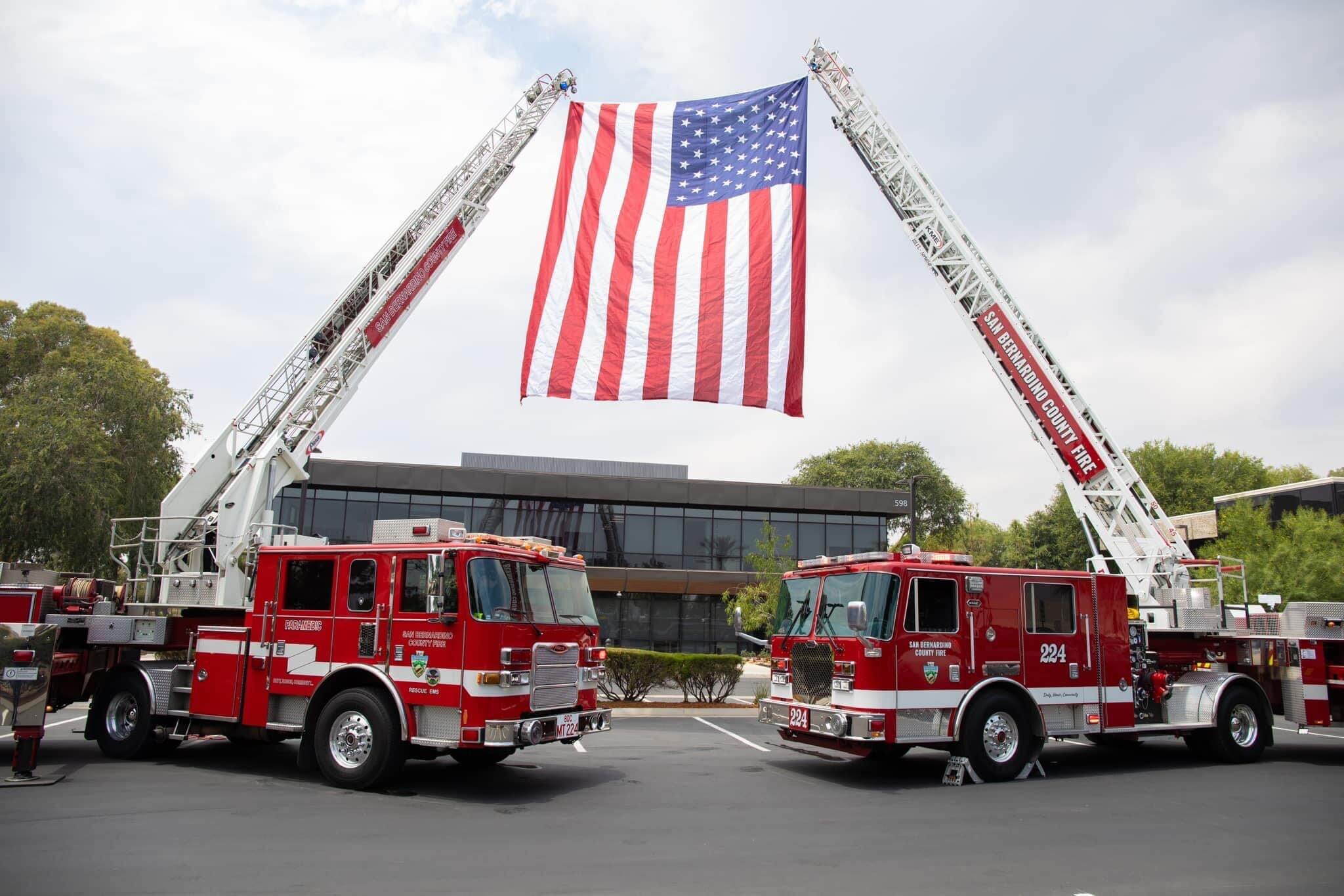 San Bernardino County fire trucks displaying USA flag