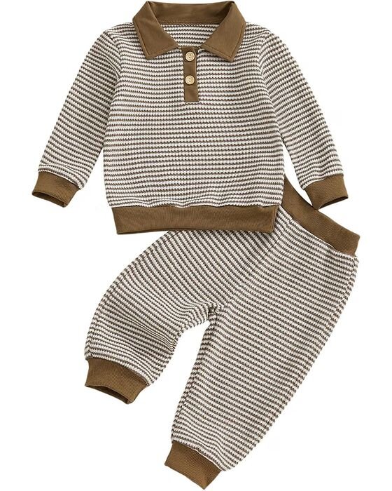 Brown Waffle Knit Polo + Pant Set — Young Boys fall family photo outfit idea