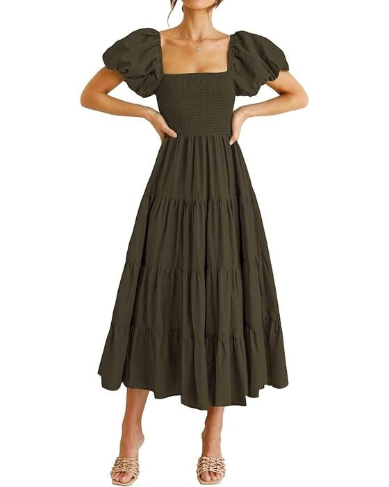 Olive Puff-Sleeve Tiered Midi — Moms fall family photo outfit idea