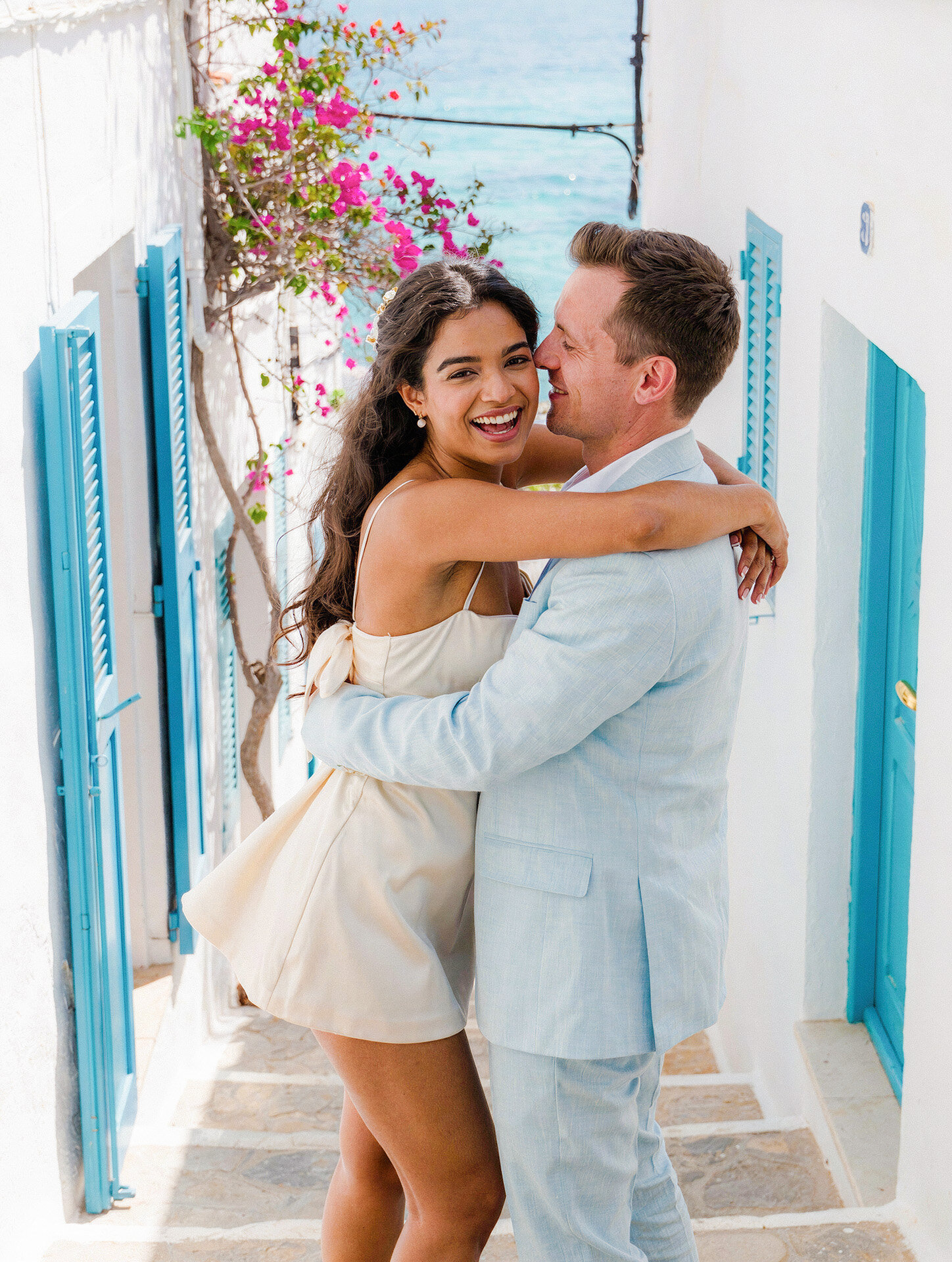 Bride and groom portrait in a white village in Mallorca, Spain