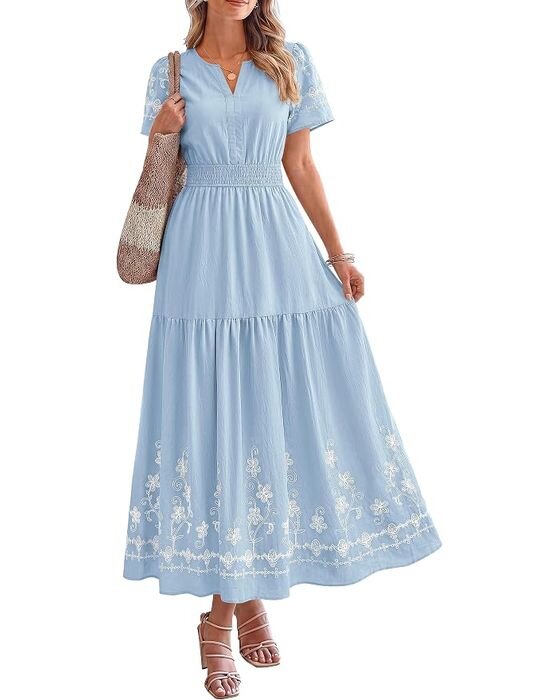 Sky Blue Embroidered Tiered Midi — Moms fall family photo outfit idea