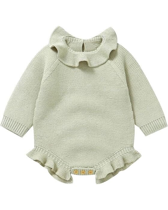 Sage Knit Ruffle Bubble Romper — Baby Girls fall family photo outfit idea