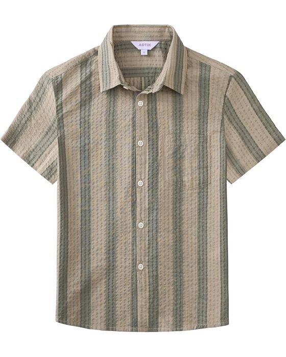 Sage Striped Short-Sleeve Shirt — Young Boys fall family photo outfit idea