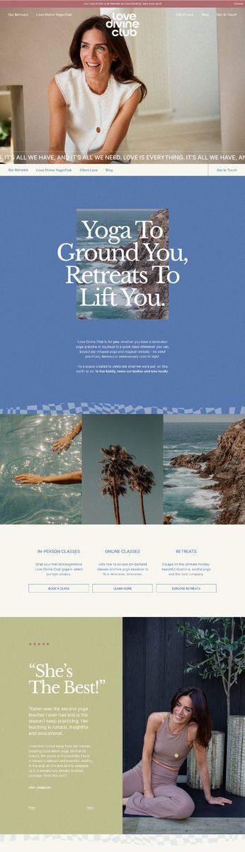 Joyful, vibrant website design by Rove for Love Divine Club, yoga classes and retreats in London and beyond