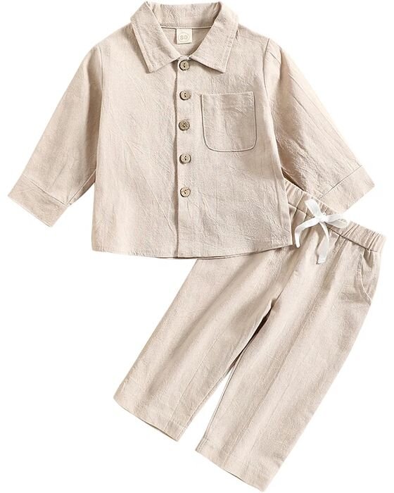 Oatmeal Linen Shirt + Pant Set — Young Boys fall family photo outfit idea