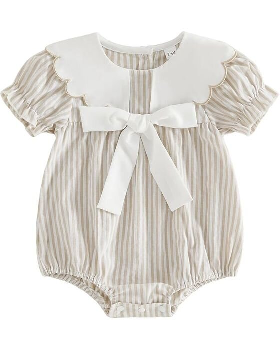 Tan Striped Scalloped Bubble Romper — Baby Girls fall family photo outfit idea