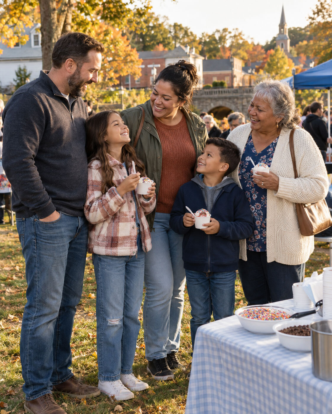 A multigenerational family enjoying ice cream together at a neighborhood open house