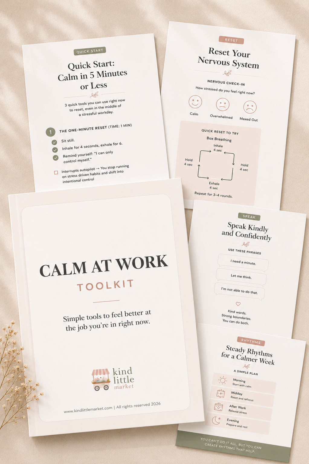 Calm at Work Toolkit pages showing Quick Start, Reset, Speak Kindly, and Steady Rhythms sections
