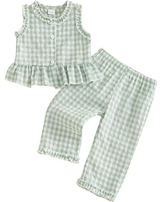 Sage Gingham Ruffle Top + Pant Set — Young Girls fall family photo outfit idea