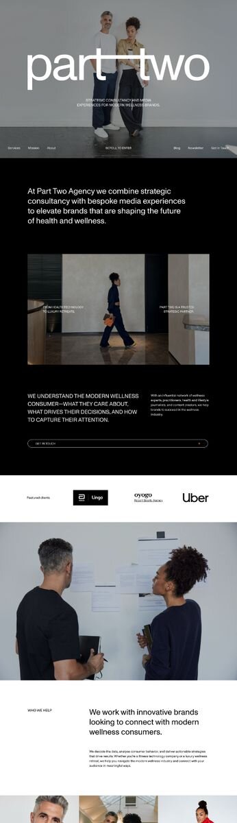 Sleek monochrome website design by Rove for Part Two Agency, a strategic consultancy for modern wellness brands
