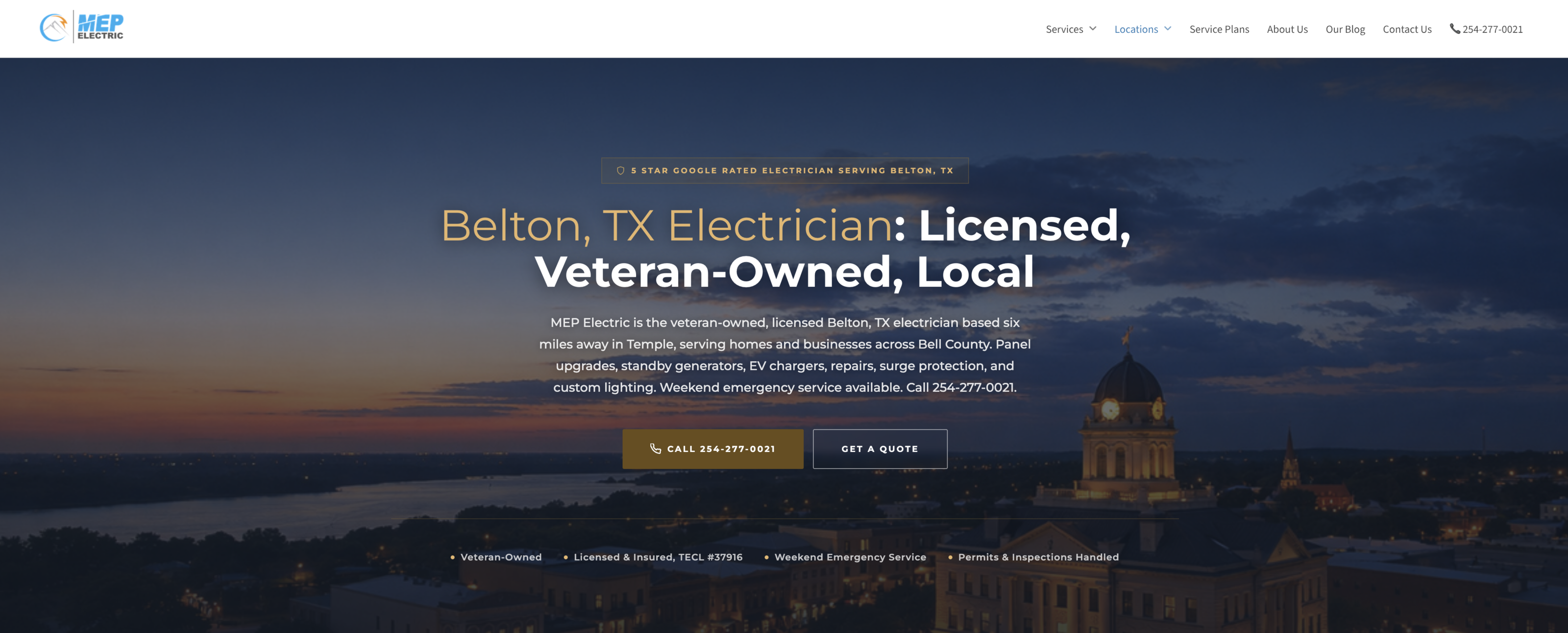 MEP Electric Belton, TX service area page, part of the electrical contractor's local SEO structure